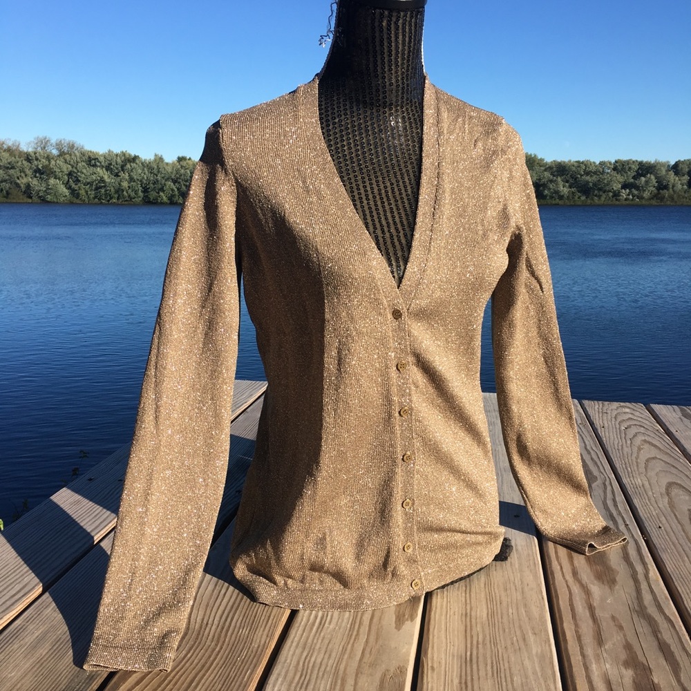 Ann Taylor tan shimmer button cardigan sweater